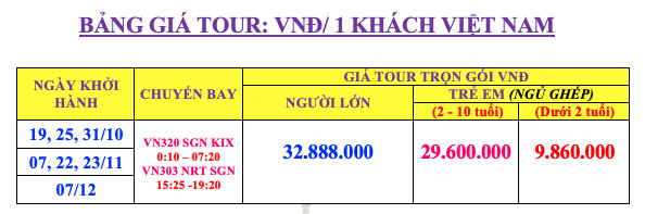 Giá tour du lịch Nhật Bản 6N5Đ